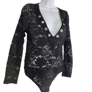 DICE Long Sleeve Bodysuit Women's Medium Black Lace See through top Snap grommet